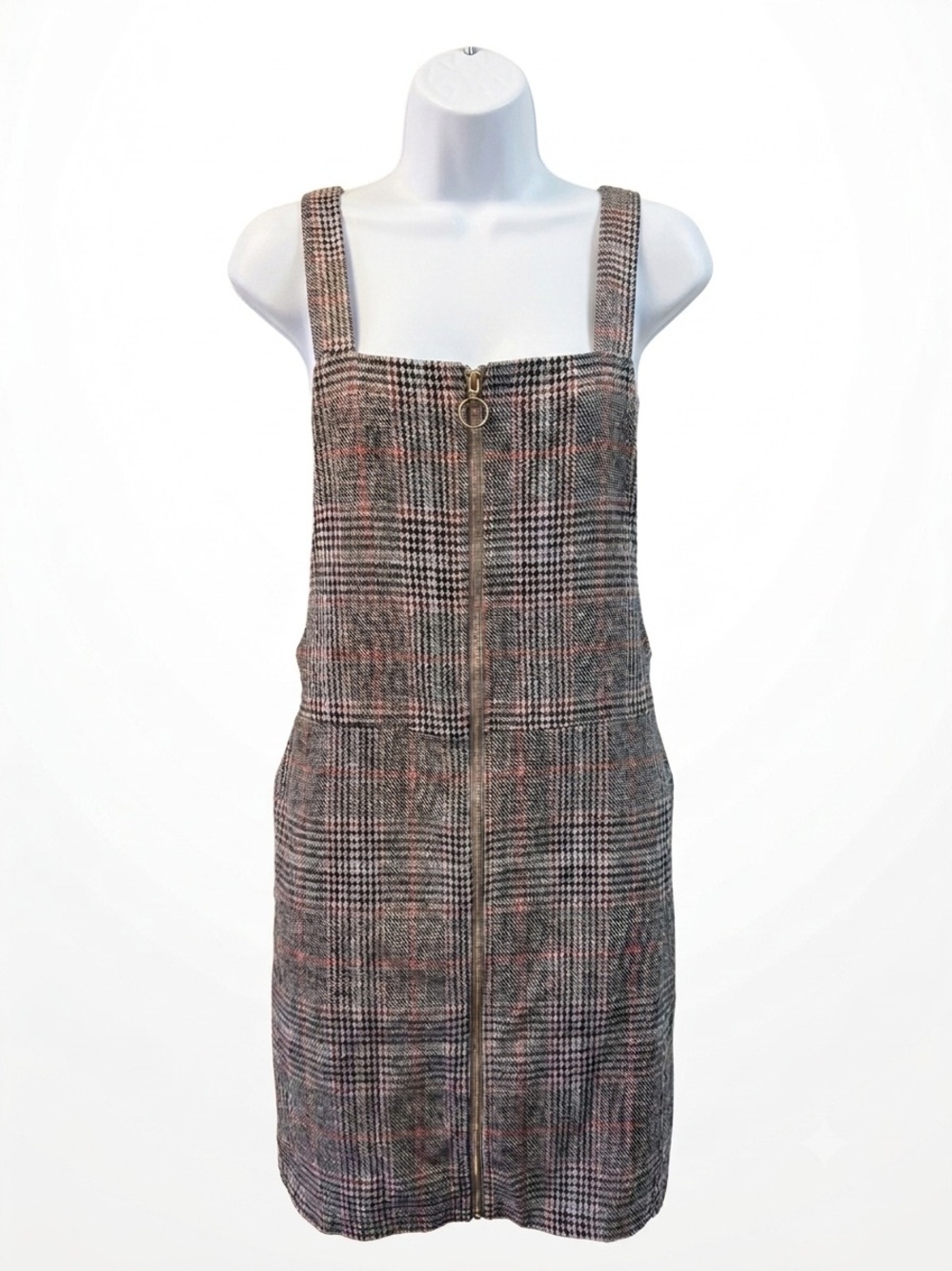 Plaid Zip-Front Pinafore Overall Mini Sleeveless Black Gray Dress Checkered - S